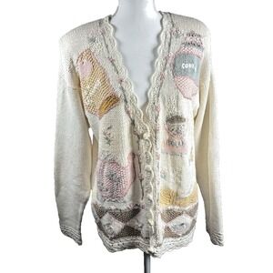 90s VTG Grandma Cardigan Sz XL Cream Knit Grannycore Cookies Tea Cottage- NWT